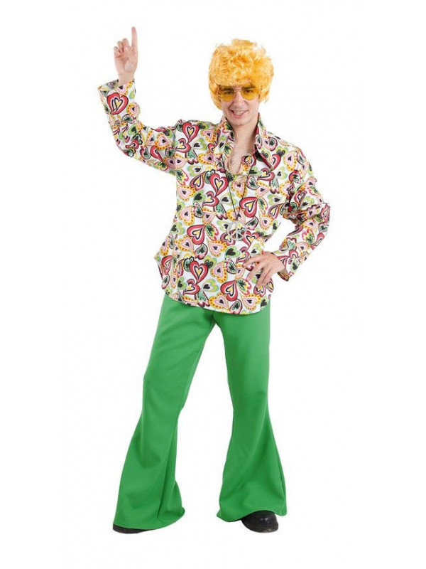 Homme dans un costume disco années 70 perruque et bête Photo Stock